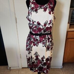 White House Black Market; Black, White, and Pink Floral Dress with Belt, 12
